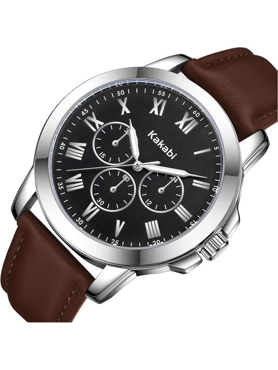 Men Men\'s Brown Black Analog Quartz Leather Classic Roman Numeral Waterproof Watch